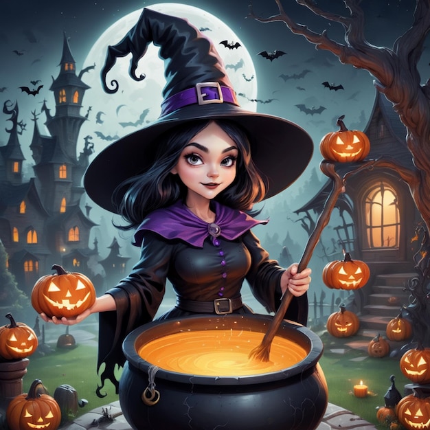 Foto ilustración de halloween con una hermosa bruja cocinando en el caldero