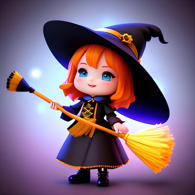 Ilustración para Halloween con una linda pequeña bruja con un sombrero de cono y una escoba Generación ai