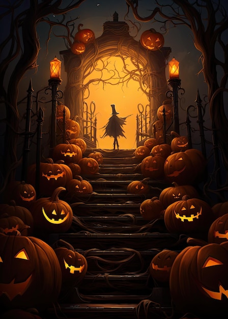 Ilustración de Halloween monstruos aterradores calabazas