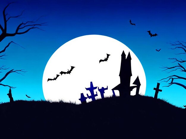 Ilustración de Halloween con silueta de castillo en luna brillante y árboles muertos cerca de cruce de cementerio