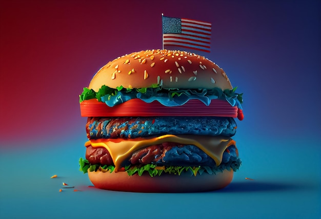 Ilustración de hamburguesa de color rojo lue con bandera estadounidense en la parte superior AI