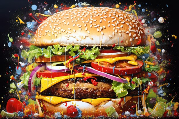 Ilustración de una hamburguesa increíblemente deliciosa y enorme con muchos ingredientes