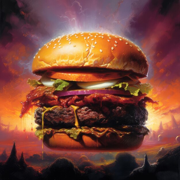 Ilustración de hamburguesa jugosa sobre fondo abstracto