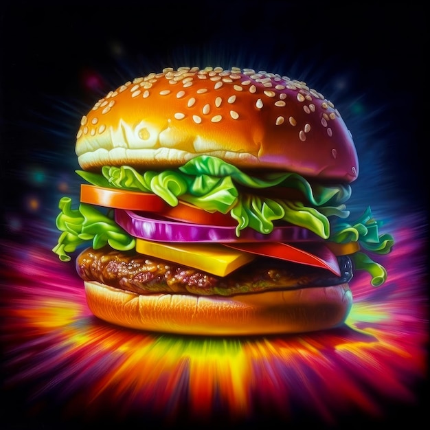 Ilustración de hamburguesa jugosa sobre fondo abstracto