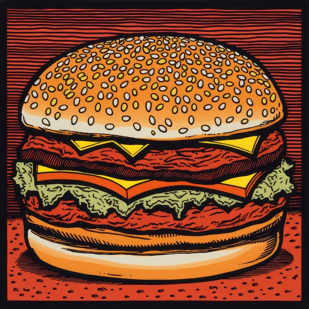 Ilustración de hamburguesa jugosa sobre fondo abstracto