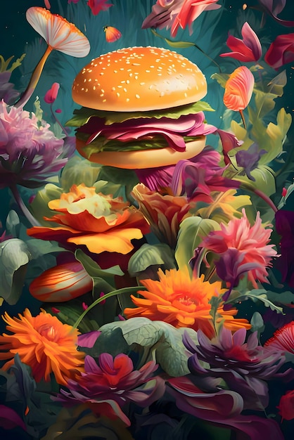 Ilustración de una hamburguesa sobre el fondo de hermosas flores