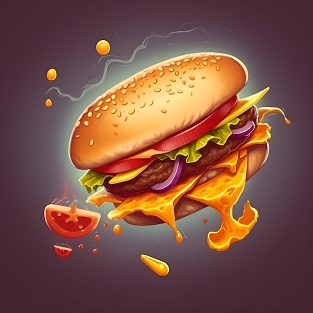 Ilustración de hamburguesa voladora clásica sobre fondo morado oscuro Levitación de alimentos Hamburguesa con queso jugosa volando en el aire Banner comercial de comida rápida IA generativa