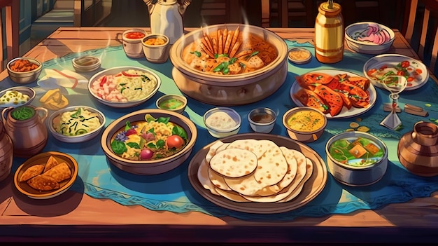 Ilustración de Hay una mesa con varios platos colocados Generativo ai