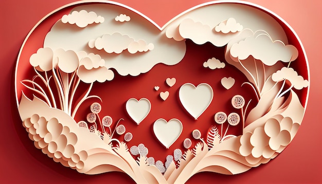 Ilustración de Heart to Heart Mother Fondo con nube en estilo de corte de papel generativo ai