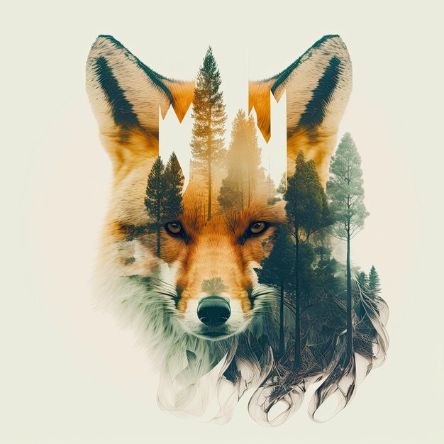Ilustración hecha en inteligencia artificial de una fotografía de doble exposición de un zorro