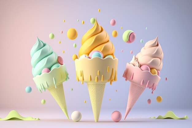 Ilustración de helado de frutas coloridas de 3 conos IA generativa