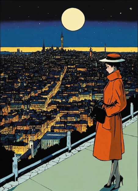 Ilustración de Herge de una ciudad por la noche donde una Audrey Hepburn lleva un abrigo negro horizonte de la ciudad