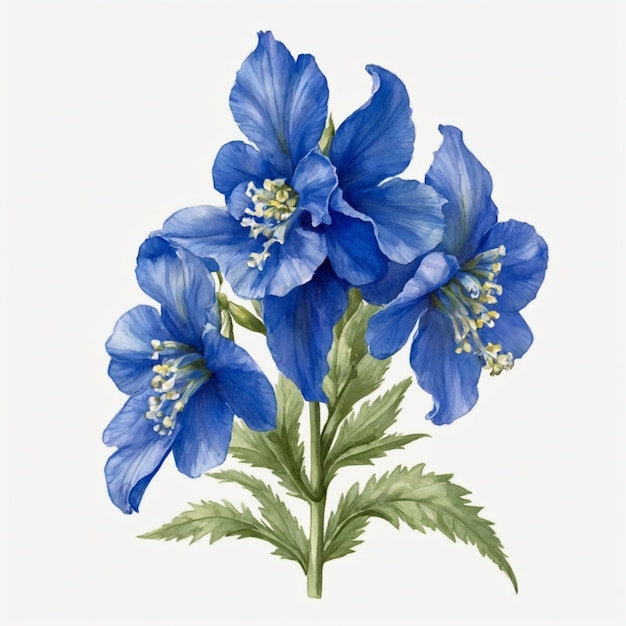 Ilustración de una hermosa y algo mágica flor de Delphinium azul sobre un fondo blanco 1