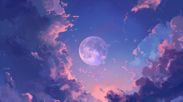 Ilustración hermosa y artística pintada a mano de la luna rodeada de nubes en el cielo
