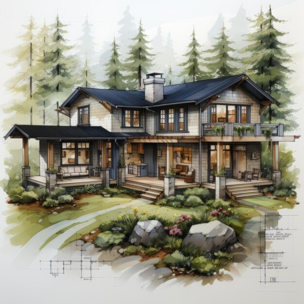 Una ilustración de una hermosa casa en el bosque