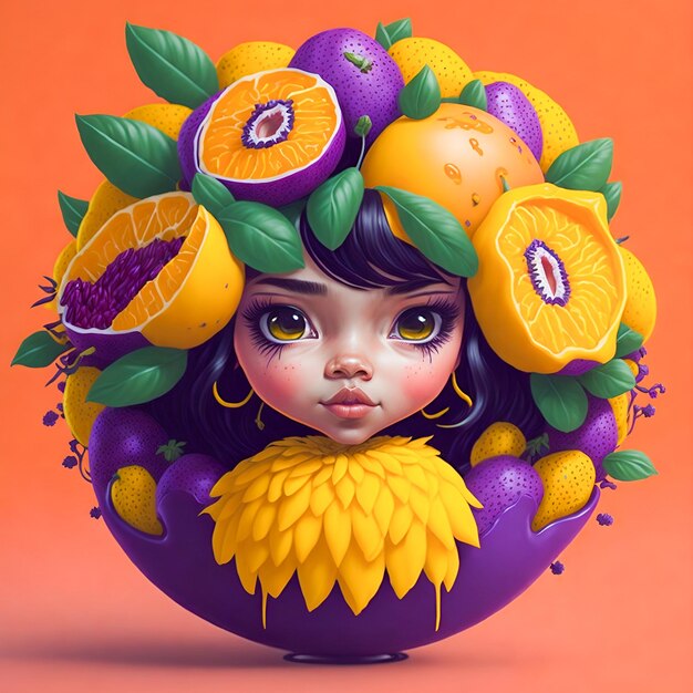 Ilustración de una hermosa chica en un diseño redondo de marco de frutas