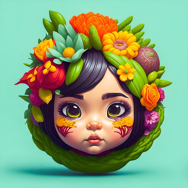 Ilustración de una hermosa chica en un diseño redondo de marco de frutas