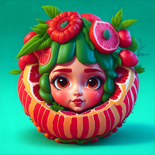 Ilustración de una hermosa chica en un diseño redondo de marco de frutas