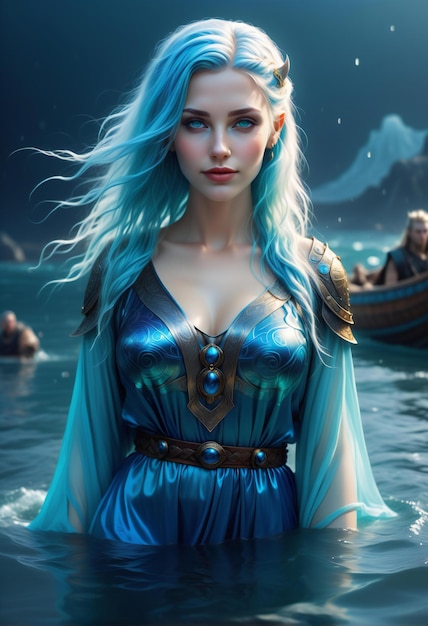 Foto ilustración de una hermosa chica de fantasía con cabello azul y ojos azules