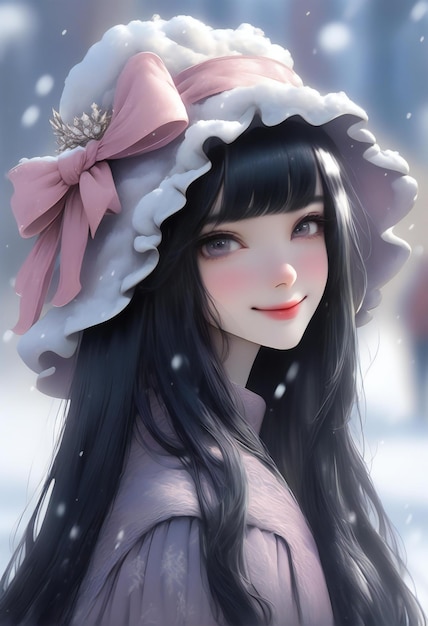 Foto ilustración de una hermosa chica en invierno con copos de nieve
