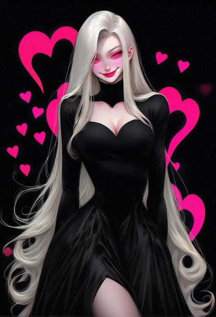 Ilustración de una hermosa chica en un vestido negro con corazones rosados