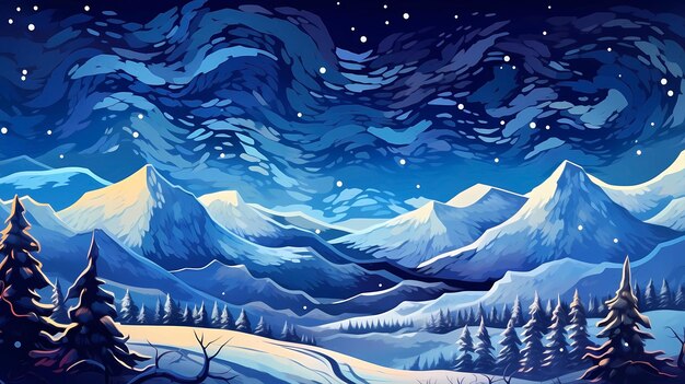 Ilustración de una hermosa escena de nieve al aire libre bajo el cielo nocturno