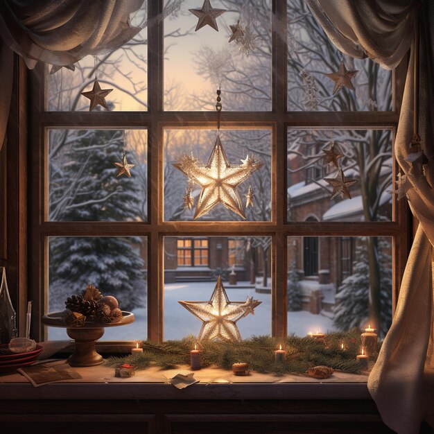 Ilustración de una hermosa estrella navideña vista a través de una ventana