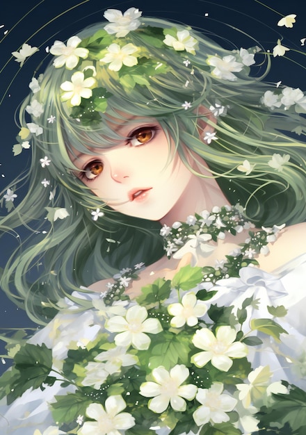 Ilustración de una hermosa joven con cabello verde y flores