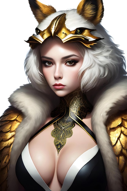 Ilustración de una hermosa mujer de fantasía con casco dorado y pelaje