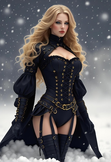 Ilustración de una hermosa mujer gótica con cabello rubio largo que lleva un corsé negro