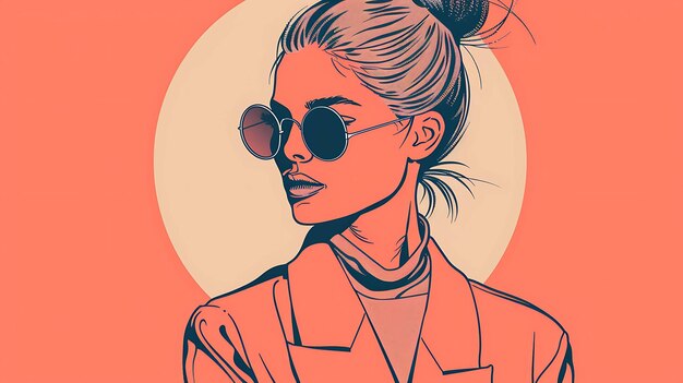 Ilustración de una hermosa mujer joven con gafas de sol y un pan Ella lleva un traje elegante y tiene una expresión de confianza en su cara