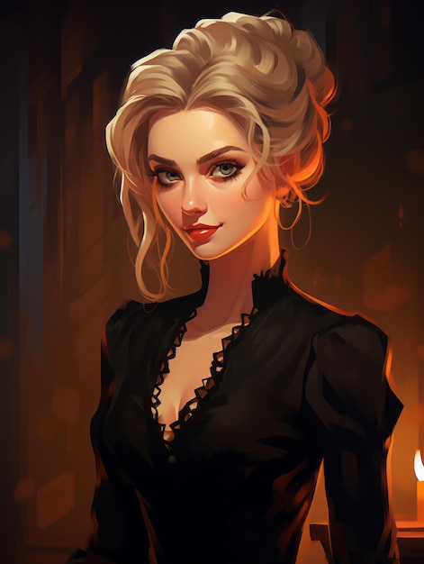 una ilustración de una hermosa mujer rubia con un vestido negro
