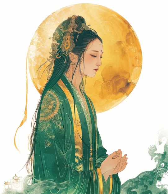 Foto una ilustración de una hermosa mujer con un vestido verde con cabello largo y negro y un tocado dorado