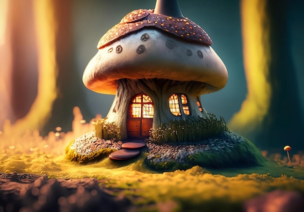 Ilustración de una hermosa Mushroom House en un bosque encantado