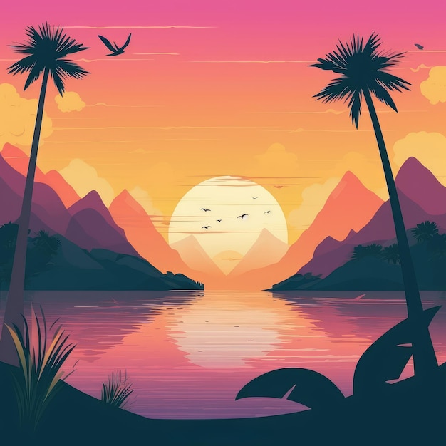 Ilustración hermosa puesta de sol junto al mar