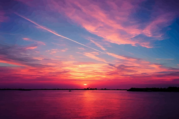 Ilustración de la hermosa puesta de sol naranja en la orilla del cielo de la puesta de sol de la playa