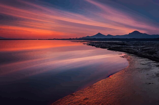 Ilustración de la hermosa puesta de sol naranja en la orilla del cielo de la puesta de sol de la playa