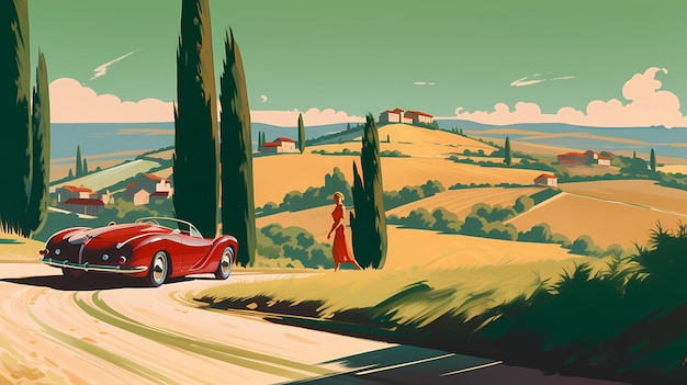 Ilustración con una hermosa vista de las colinas de la Toscana Italia