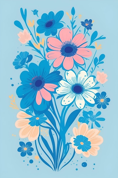 Ilustración de hermosas flores composición vertical en tono azul