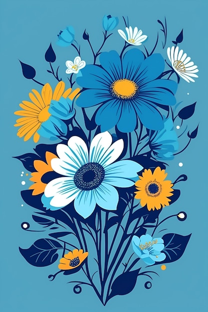 Ilustración de hermosas flores composición vertical en tono azul