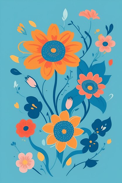 Ilustración de hermosas flores composición vertical en tono azul