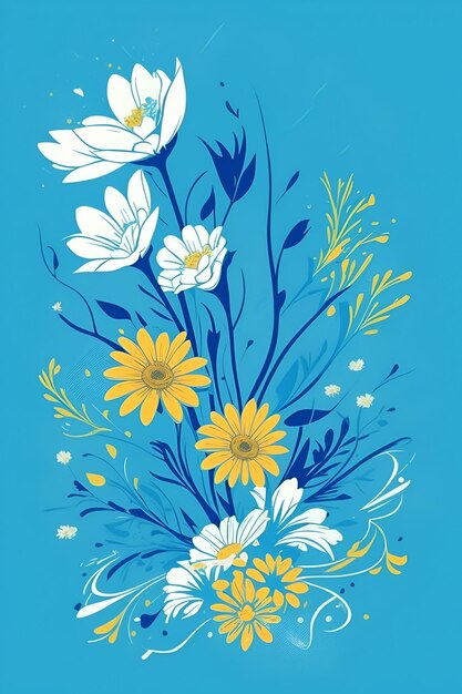 Ilustración de hermosas flores composición vertical en tono azul