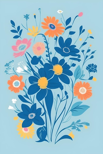 Ilustración de hermosas flores composición vertical en tono azul