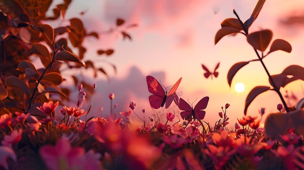 Foto ilustración de hermosas mariposas sobre un fondo de cielo rosado