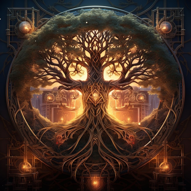 Foto ilustración del hermoso árbol mágico de la vida con runas brillantes
