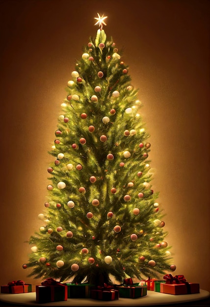 ILUSTRACIÓN DE HERMOSO ÁRBOL DE NAVIDAD DECORADO CON LUCES Y REGALOS PINO NAVIDAD