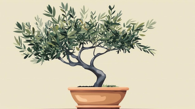 Ilustración hermoso árbol de olivo en una olla de flores para la decoración