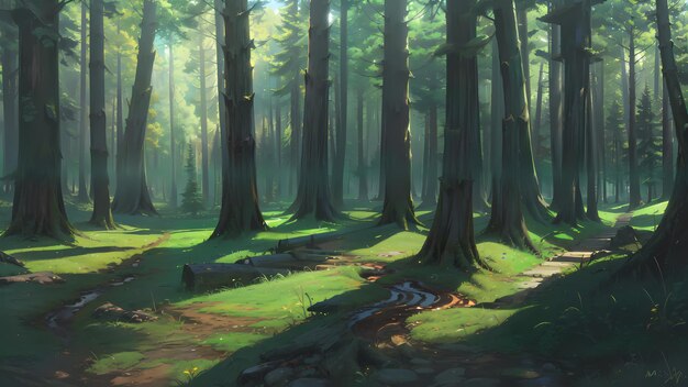 Ilustración de un hermoso bosque natural rural en el estilo de anime animación de fondo por alicewonderland