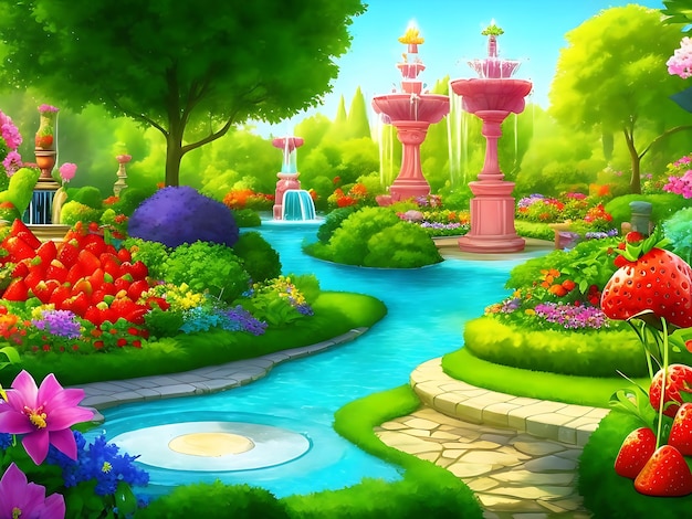 Ilustración de un hermoso jardín con una fuente y un estanque.