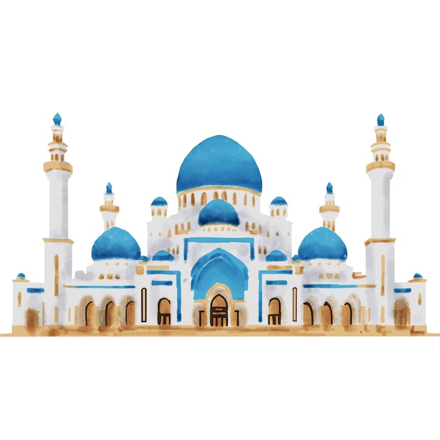 Ilustración de un hermoso lugar de culto musulmán una mezquita sobre un fondo blanco con acuarela